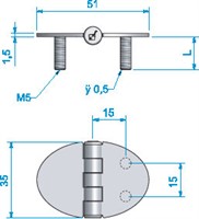 Gångjärn, oval m fast skruv 51x35x15 mm