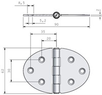 Gångjärn, rfr oval centrumknorr 90x62 mm